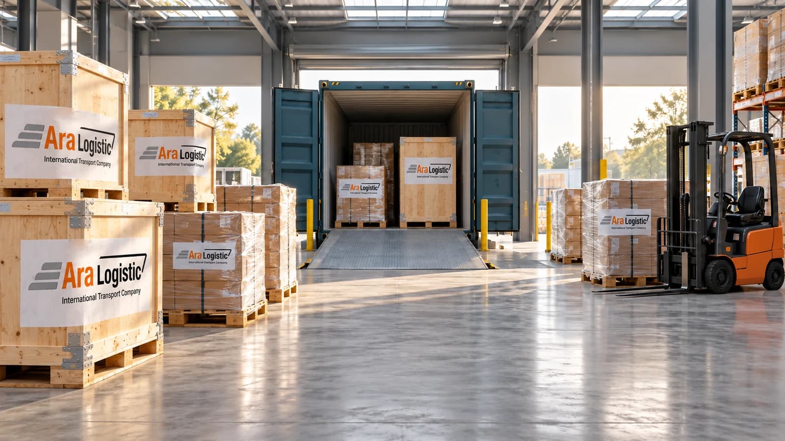تصویر مفهومی با نشان آرا لجستیک: صندوقهای صادراتی روی پالت و کانتینر باز در انبار کالا
